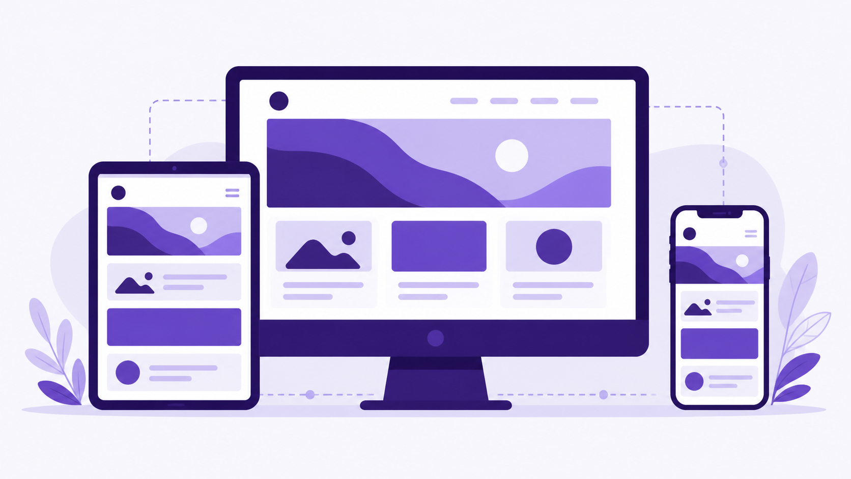Illustration of a responsive website across desktop, tablet, and mobile devices